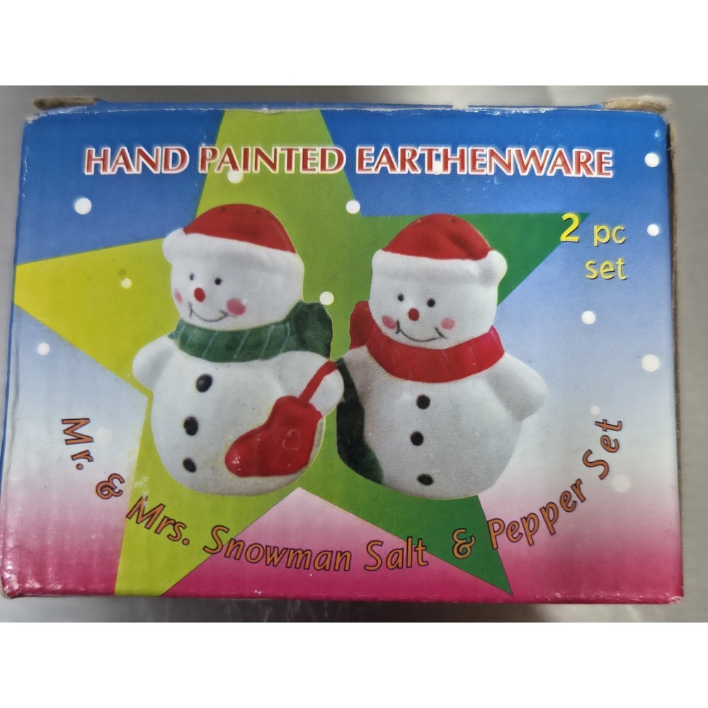 Vintage Mr/Mrs Snowman Christmas Salt/Pepper Shaker Set Hand Painted Earthenware